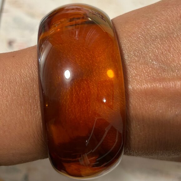 Jewelry - Bold Vintage Heavy Amber Iced Tea Domed Lucite Wide Bangle Bracelet Mod